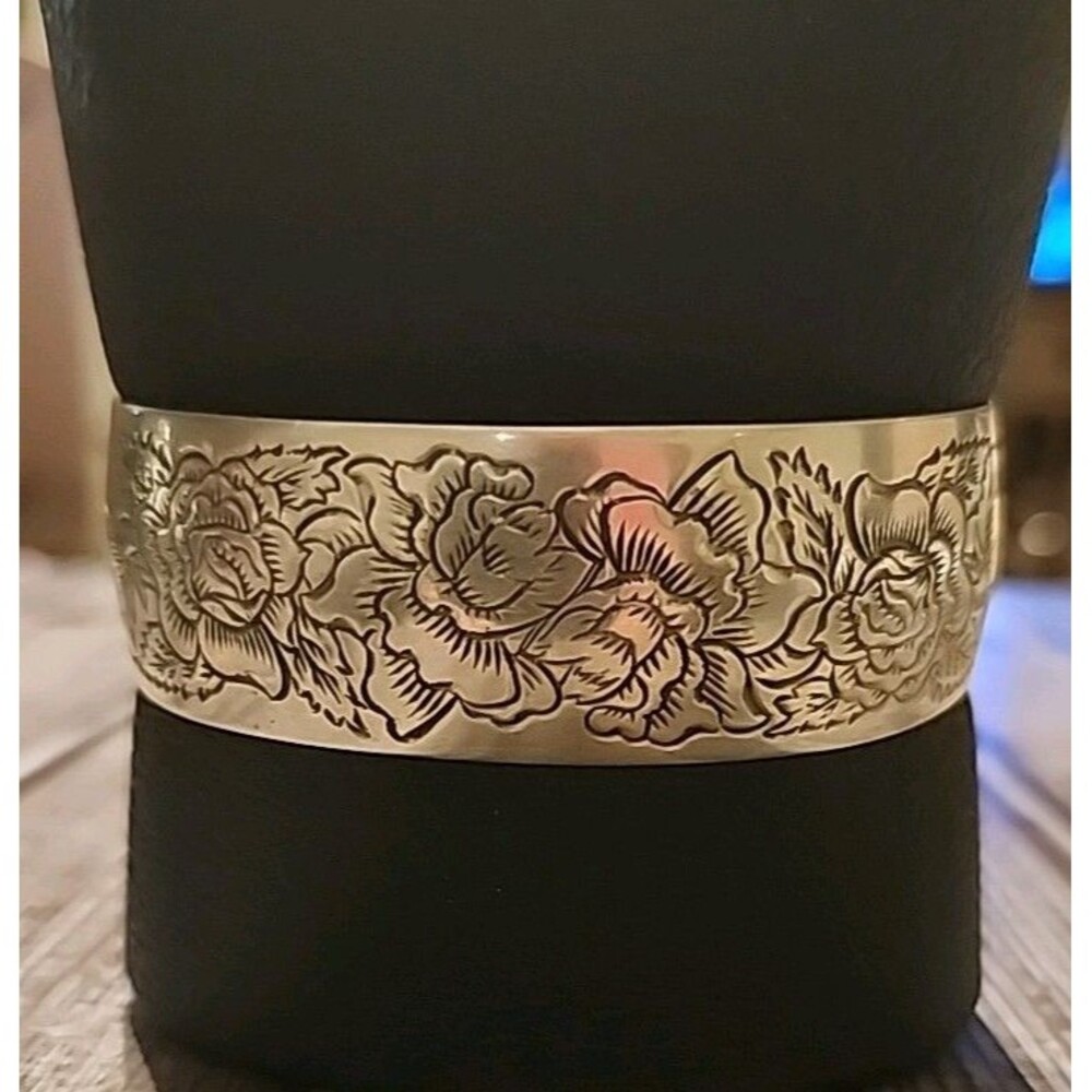 Vintage Kirk Stieff Etched Pewter Cuff Bracelet, Rose 900-6 - Picture 2 of 7